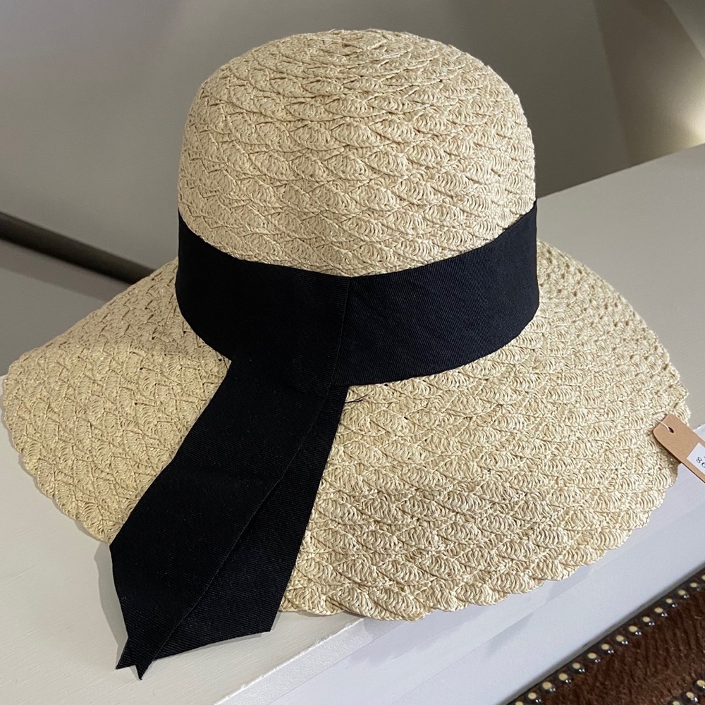 Wide Brim Floppy Beach Hat with Black Ribbon Trim - Picture 8 of 8